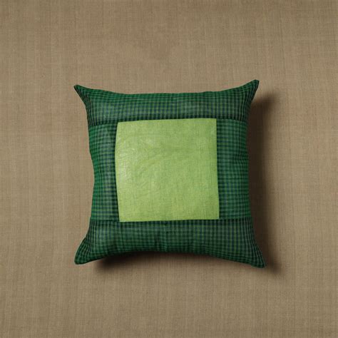 Green Patchwork Cotton Kanchipuram Cushion Cover