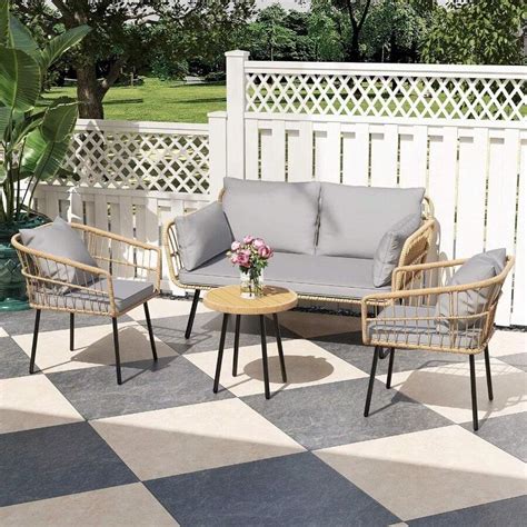 4-Piece Patio Furniture Set, Outdoor Willow Bistro Set, All-Weather ...