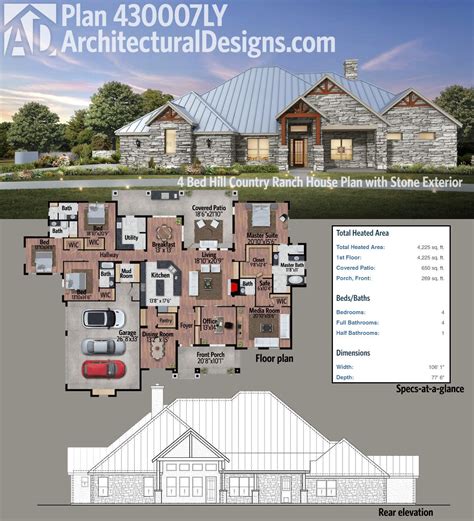 Plan 430007LY: 4 Bed Hill Country Ranch House Plan with Stone Exterior ...