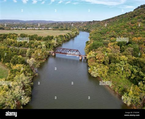 Aerial view of railroad bridge crossing Lee Creek in Van Buren ...