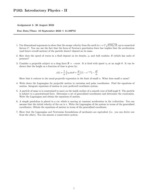 Classical Mechanics: Assignment 1 - P102: Introductory Physics - II ...