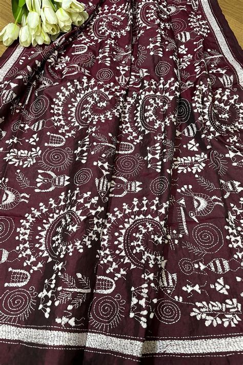 Maroon Hand Embroidered Kantha Silk Dupatta