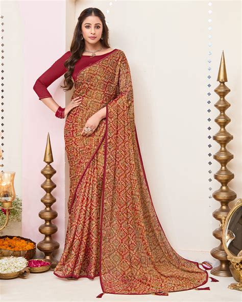 Vishal Prints Vivid Burgundy Printed Brasso Saree With Fancy Border An