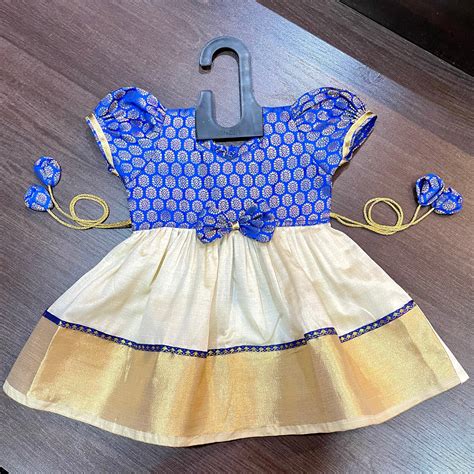 Cream Color Kasavu & Royal Blue Banarsi Brocade Combination Silk Frock ...