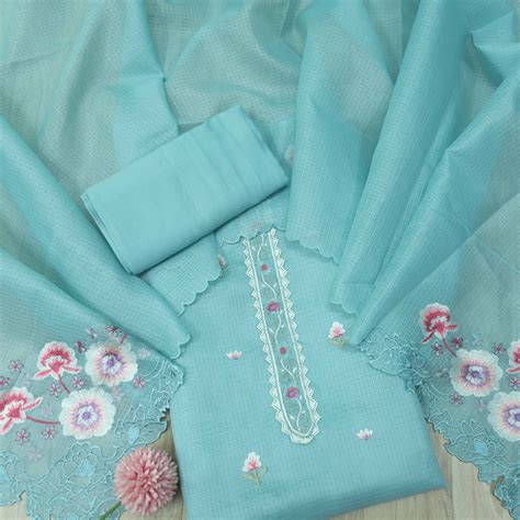 Mahi Aqua Blue Floral Thread Embroidered Kota Doriya suit Set ...