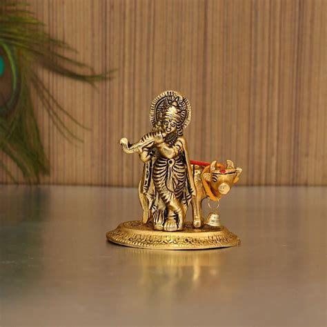 Buy Collectible India Metal Krishna Idols with Cow Showpiece for Pooja ...