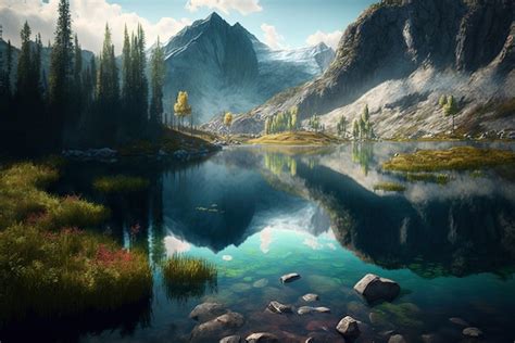 Beautiful photorealistic lake near a mountain with a beautiful natural ...