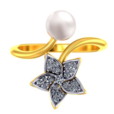 18K diamond five-petal floral design ring with a Pearl by PC Chandra ...