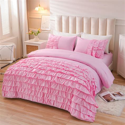 Amazon.com: Holawakaka Pink Waterfall Ruffle Comforter Set Twin Size ...