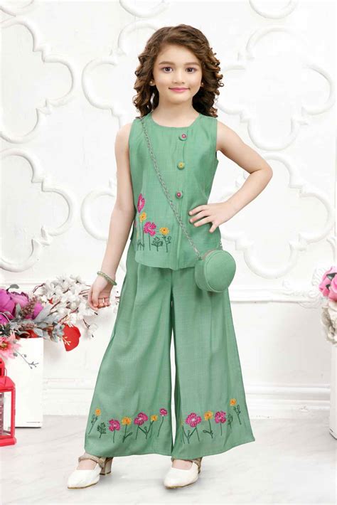 Green Embroidered Work Palazzo Set With Sling Bag For Girls – Lagorii Kids