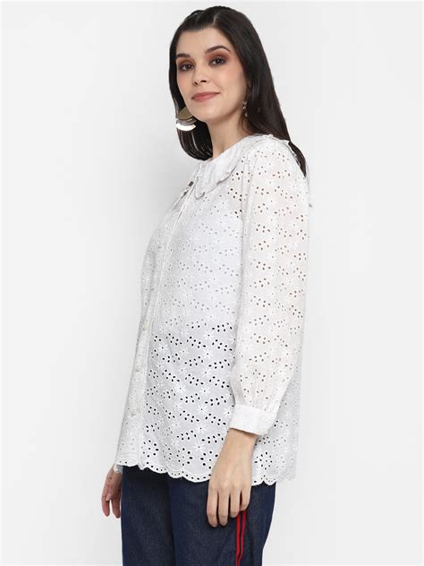 White Broderie Schiffli Shirt with Chelsea Collar