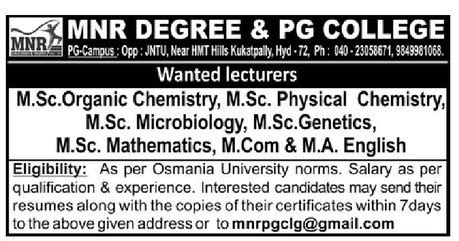 MNR Hyderabad Microbiology/Genetics Lecturer Jobs 2017