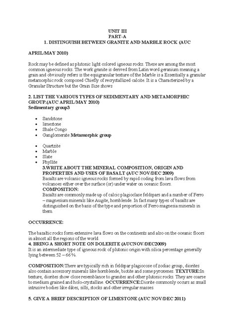 UNIT-3: Distinctions and Properties of Rocks (AUC Exam Notes) - Studocu