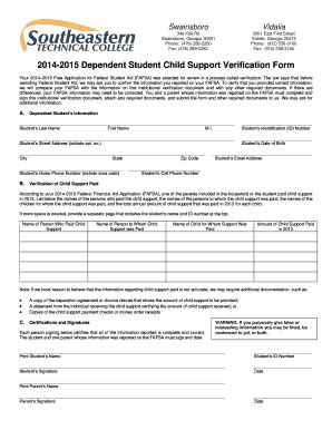 2014-2015 Dependent Student Child Support Verification Form - Blank ...