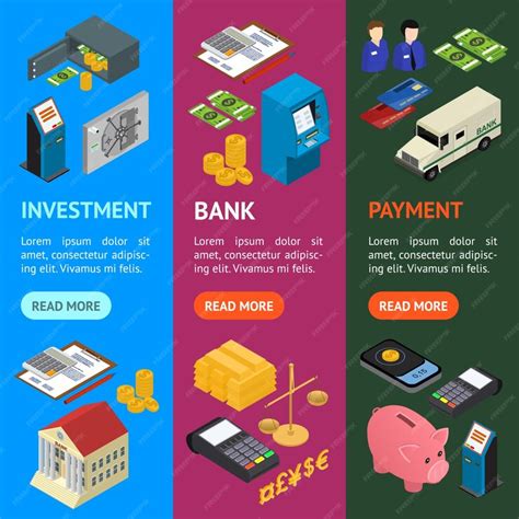 Bank banner vecrtical set isometric view vector | Premium Vector