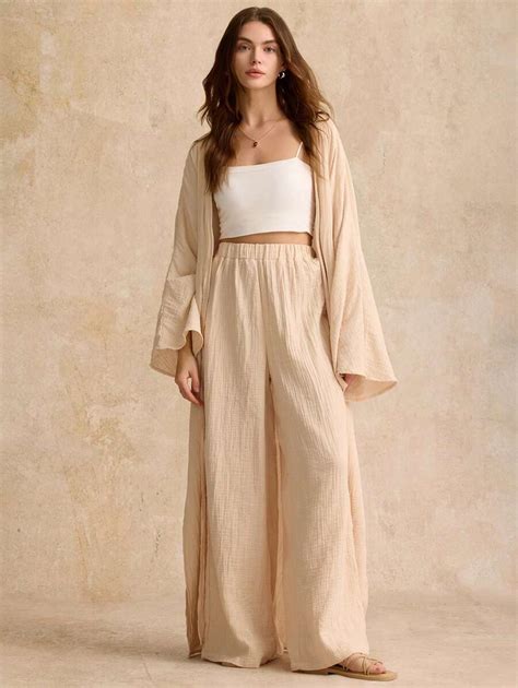 Poéselle Apricot Cotton And Linen Two-Piece Set, Women Two Piece Sets ...