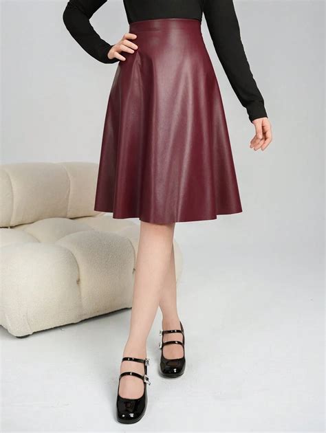 Teenage Girls Elegant Minimal Vintage Skirt, Flared PU Leather Skirt ...