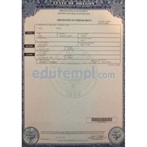 USA Oregon state birth certificate template in PSD format, fully editable