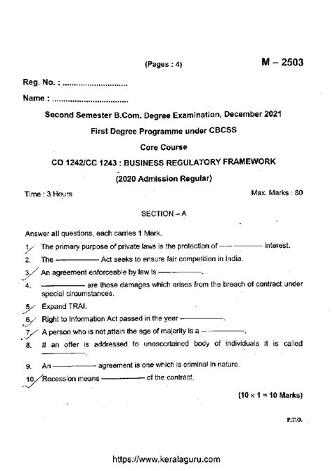 B.Com 2nd Sem Business Regulatory Framework M 2503 Exam Dec 2021 - Studocu