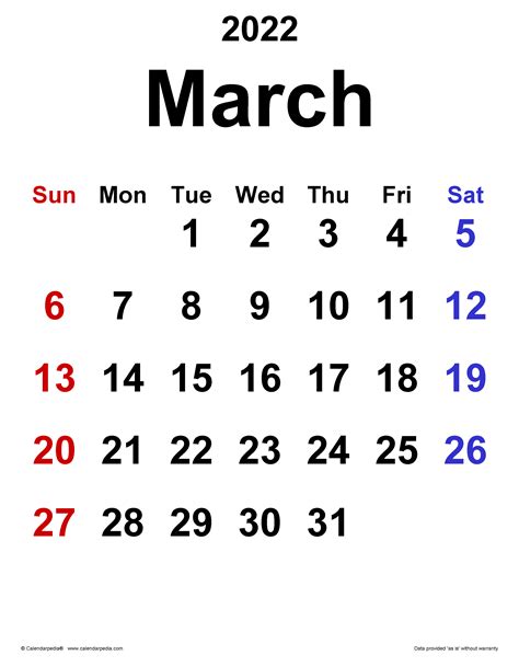 March 2022 Calendar | Templates for PDF, Excel and Word