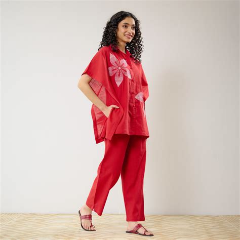 Buy Dahlia Statement Embroidered Cotton Co-ord Set - Red | Rustorange