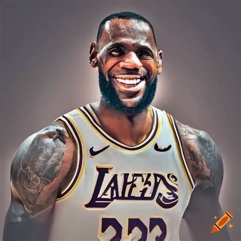 Portrait of smiling LeBron James with luminous eyes in white background ...