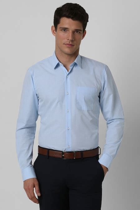 Light Blue Checked Formal Full Sleeves Shirt Collar Men Slim Fit Formal ...