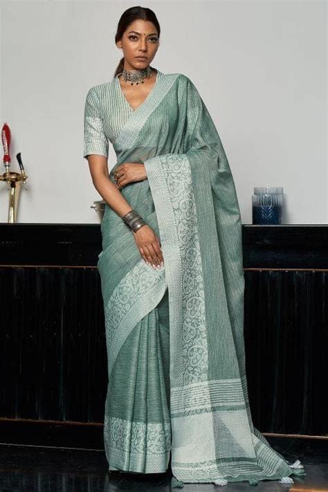 Buy Pewter Grey Linen Saree 65782 Online | Karagiri