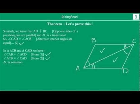 Diagonal divides parallelogram into two congruent triangles (Theorem ...
