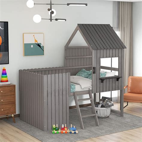 Buy Twin Loft Bed with Roof and Window, Wooden House Bed Frame with ...