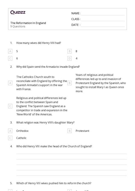 50+ the reformation worksheets for 9th Class on Quizizz | Free & Printable