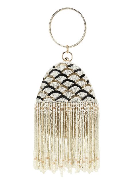 Anekaant Beige & Multi Dangle Embellished Faux Silk Clutch