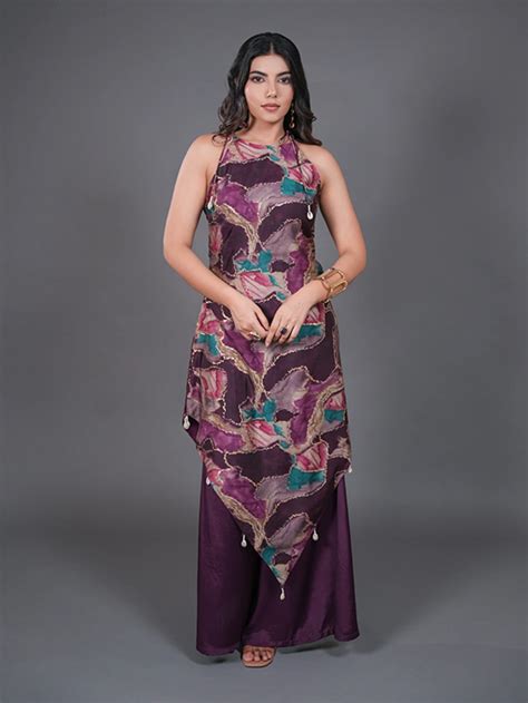 Shop Purple Halter Neck Kurta Set With Foil Print for Women Online