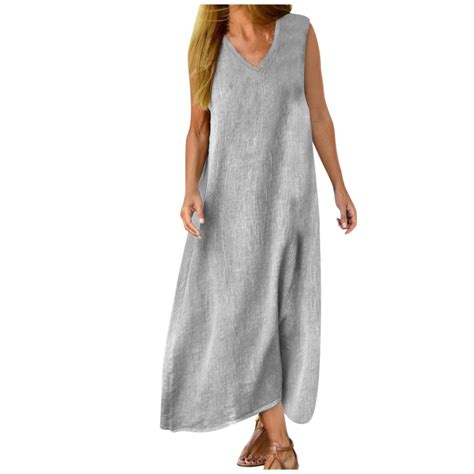 Wycnly Formal Dresses for Women Plus Size Casual Swing Soft Cotton Linen Tank Long Sundress V ...