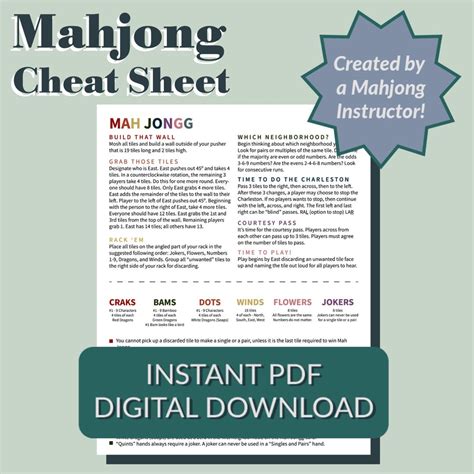 Mah Jongg Cheat Sheet, Mahjong Cheat Sheet, Mahjong Starter Guide ...
