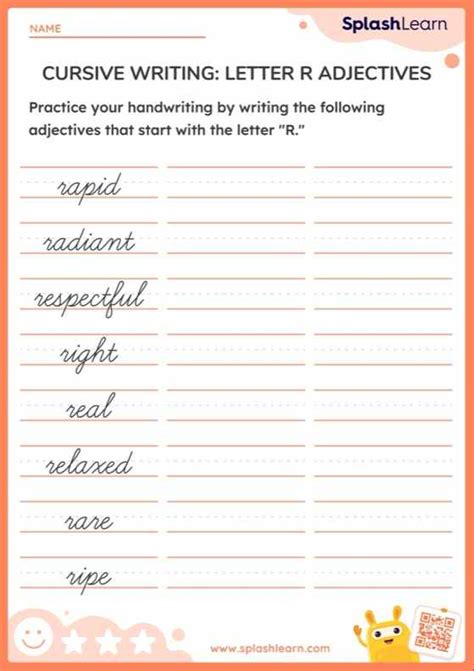 Cursive Writing: Letter R Adjectives — Printable ELA Worksheet