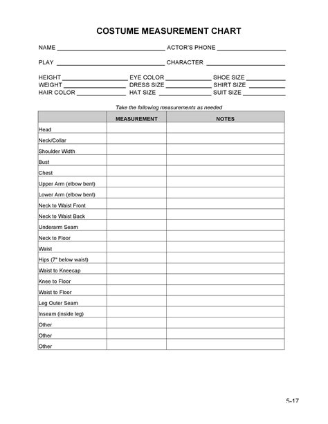 Printable Costume Measurement Chart