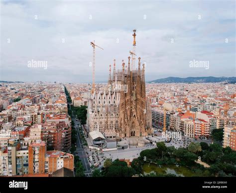 Spain, Catalonia, Barcelona, Aerial view of Sagrada Familia basilica ...