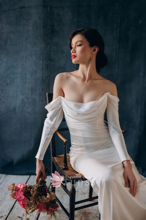 Off-the-shoulder Cowl Neck Long Sleeve Satin Bridal Dress - Lunss