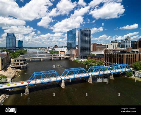 Aerial view of the historic Blue Bridge over the Grand River in ...