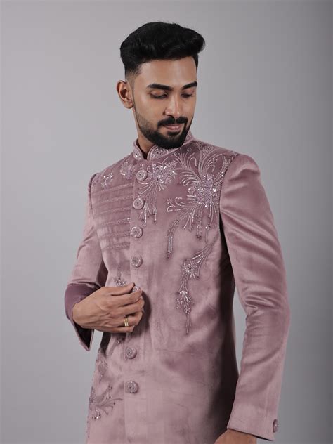 Rent Pink Velvet Embroidered Self Sherwani–Luxurious & Regal