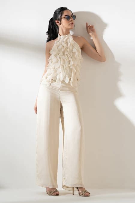 Buy Off White Viscose Ruffles Halter Neck Top And Pant Set For Women by ...