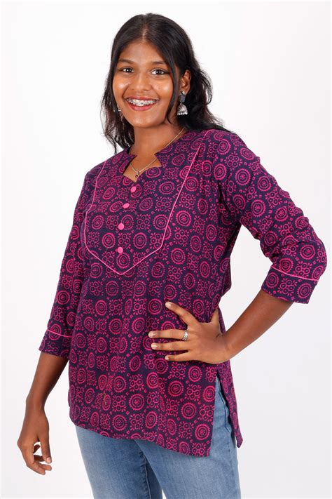 Dark Blue Kutchi Hand Block Printed Cotton Kurti 10071540