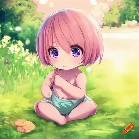 Anime very small baby and quiet girl with short light pink hair in an ...