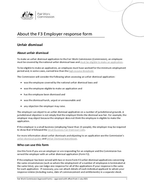 Fillable Online Respond to a claim for unfair dismissal (Form F3) Fax ...