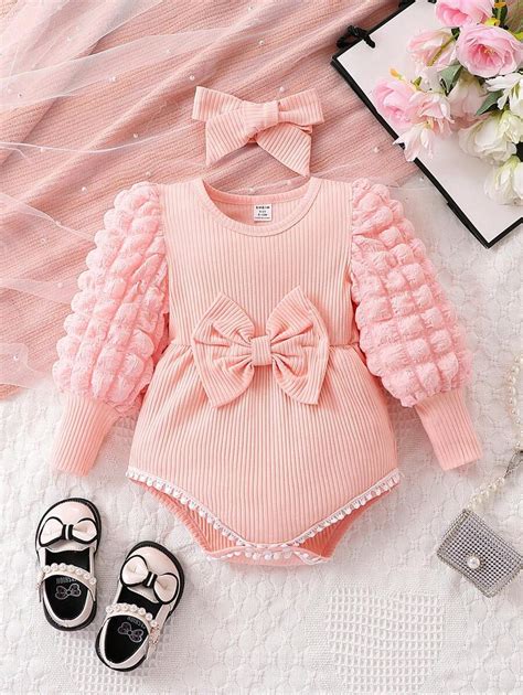Baby Girl Bow Front Contrast Lace Bishop Sleeve Bodysuit & Headband ...