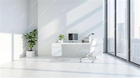 White office interior with pc computer on desk with gray concrete floor ...