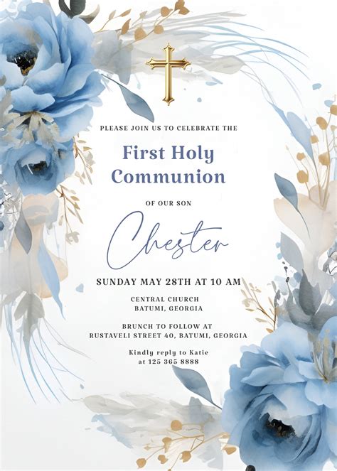 First Holy Communion Invitation Template, Blue and Gold Communion ...