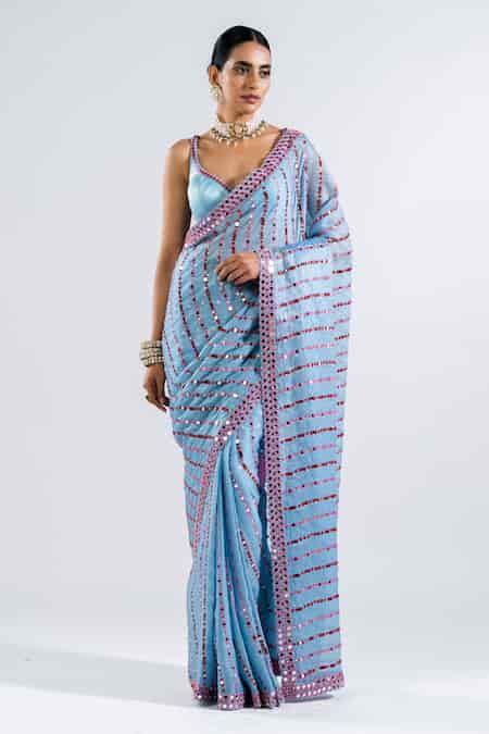 Buy Blue Satin Mirrors Plunge Neck Embellished Work Pre-draped Saree ...