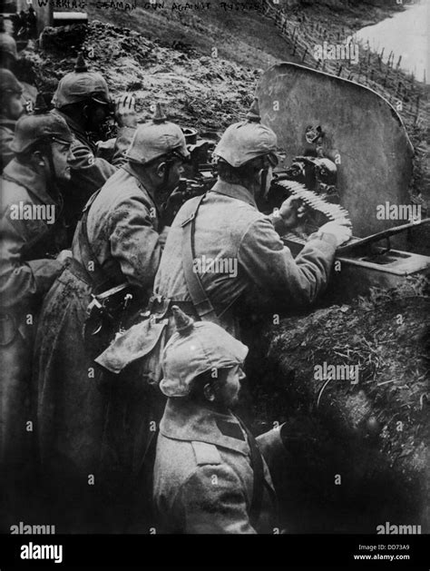 German WW1 machine gun crew firing from a trench on the Eastern Front ...